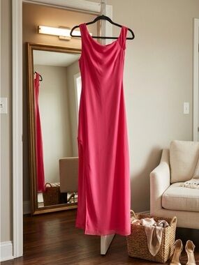 Asymmetrical Pink Maxi Dress with Draped Neckline